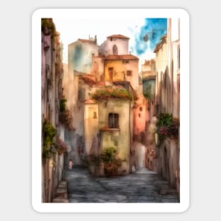 narrow street with colorful houses and children Sticker